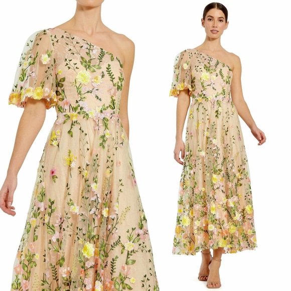 Mac Duggal NEW Yellow Floral One Shoulder Lace Embroidered Midi Dress - Size 10 - Picture 1 of 15